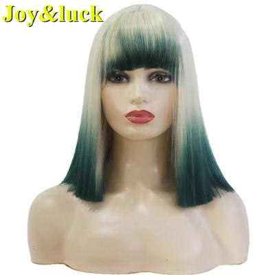 China Wholesale Price Natural Straight Short Wig With Bangs Ombre Green Costume Party Halloween Day Cosplay Synthetic Natural Straight Blonde Wigs for sale