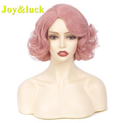 China Wholesale Costume Natural Curly Pink Hair Wigs For Cosplay Side Part Wigs Natural Short Curly Hair Part Women Ladies Synthetic Hair Wig for sale