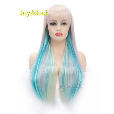 China Long Natural Straight Wig 24 Inch Blonde Rainbow Colored Synthetic Wigs For Women Diary Or Cosplay Wig Hairstyle for sale