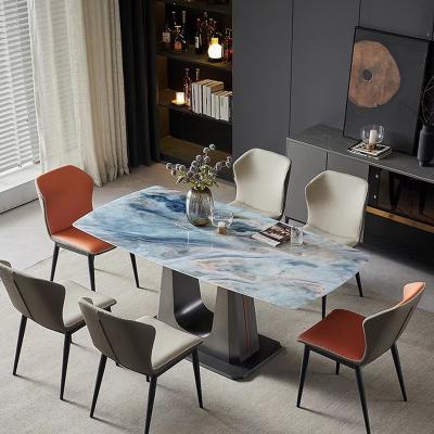 China Wear resistance and high hardness hotel restaurant dining room furniture stainless steel base rectangle sintered marble stone dining table set for sale