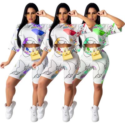 China ABSYZ1249 QUICK DRY fashion loungewear ladies clothing cartoon printed loose crop top and short women two piece sets for sale