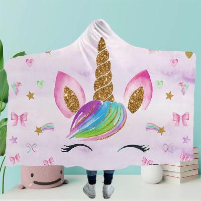 China Unicorn Theme Soft Fleece Blanket Viable Custom Sublimation Hoodie Blanket Photo Hooded Wearable Blanket For Kids for sale