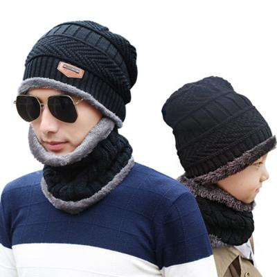 China Autumn and winter men's casual plus velvet padded warm knitted wool hat men's two-piece hat and scarf suit for sale