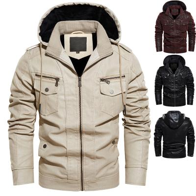 China Wholesale QUICK DRY Stand Collar Wholesale Men's PU Winter Hooded Brushed Outdoor Casual Leather Jacket for sale