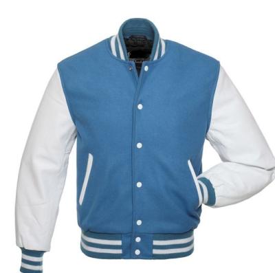 China 2021 QUICK DRY Custom Design Sleeves Mens Varsity Genuine Leather Columbia Blue Jacket for sale