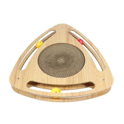 China Viable Cat Playing Wooden Cat Scratcher Cardboard Toy Triangle Box MDF Interactive Cat Toy With Ball Ring for sale