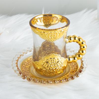 China Viable Turkish Tea Cups Glass With Handle 3oz Glass Tea Cup Set Gold Decals 12 Pcs In Gift Box for sale