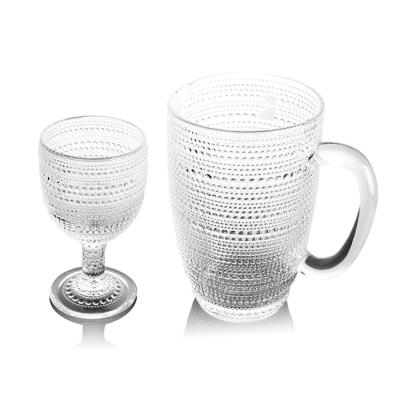 China Pearl Embossed Clear Glass Red Wine Jug Set Home Hotel Restaurant Jug And Goblet Set for sale