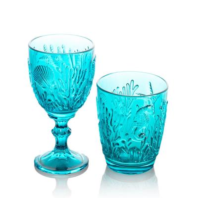 China Ocean Embossed Old Fashion Ocean Series Colored Stemware Glassware 6oz Juice Water Tumbler Glass Stemware for sale