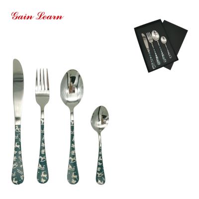 China Winning Viable Learn Flatware 410 Stainless Steel Gold Red Green Spoon And Fork Christmas Flatware Set High Quality In Gift Box for sale