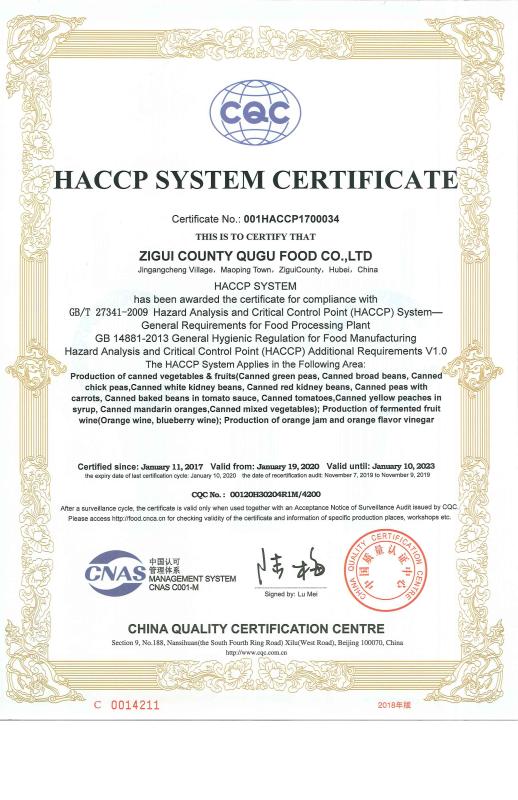 HACCP - Zigui County Qugu Food Co., Ltd.