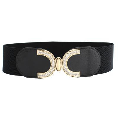 China New Fashion.Casual Women Belts Fashion Gold Metal Wide Square Buckle Elastic Dress With Crystal for sale