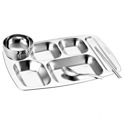 China Workable Set of Stainless Steel Dinner Tray 5 Sections Rectangular Divided Dinner Dishes for Adults 304 Stainless Steel Metal Plate for sale