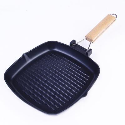 China Sustainable Folding Master Pan Non-Stick Grill Pan Wooden Handle Square Indoor BBQ Grilling Pan for sale