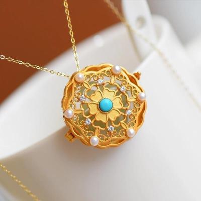 China High Quality Pearl Sachet Jewelry Royal Gold Pendant Retro Hollowed-out Hetian Imitation Jade Box Plated With 18K Gold Ladies Necklace for sale