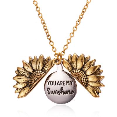 China High Quality Fashion Jewelry You Are My Sun Pendant Open Sunflower Necklace Rose Gold Silver Color Stainless Steel Long Necklace for sale