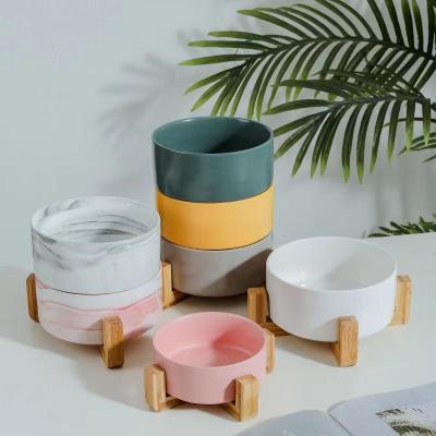 China Wholesale Automatic Cat Shape Pet Feeding Bowl White Duo Double Around Ceramic Dog Dish Eco Friendly Pet Bowls With Bamboo Stand Holder for sale