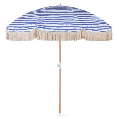 China With Tassels Morden Custom Design Stripe Wooden Pole Beach Umbrella With Fringe for sale