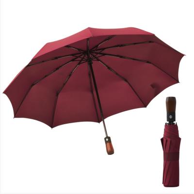 China Modern 3 Fold Ribs High Quality Compact 10 Umbrella Travel Umbrella Full Automatic Wood Handle Umbrella Windproof Windproof Umbrella for sale