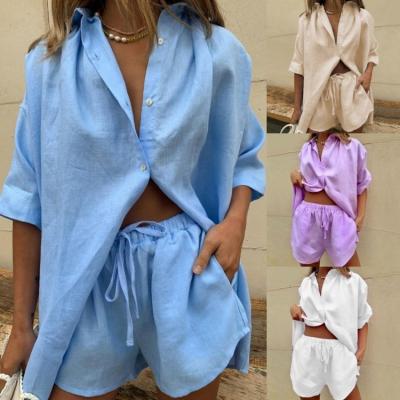 China Breathable Women's Blouses And Shirtdresses Summer 2 Ladies Short Two Piece Clothing Set Ladies Women's Blouses And Shirts And Short Shorts Set for sale