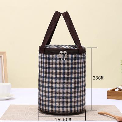 China Lightweight Custom Full Lunch Tote Cooler Bag Plaid Printing RPET 600D Polyester Round Shape Food Bag Leak Proof Thermal Foil Insulated Bag for sale