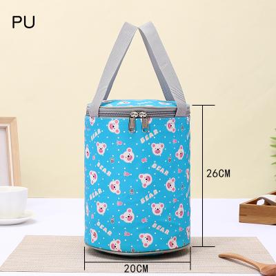 China Lightweight Fashion Portable Barrel Full Shape Print Custom PU Leather Cooler Insulated Lunch Bag Waterproof Oxford Fabric Thermal Bag for sale