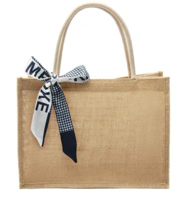 China 100% Eco-Friendly Women Fashion Jute Tote Bag With Scarves Cotton Rope Handle Custom Size Printed Hemp Shopping Bag Natural Burlap Gift Bag for sale