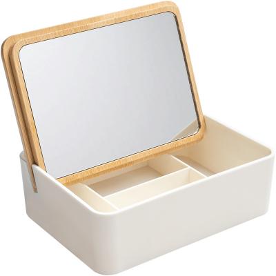 China Nature Desktop Standing Mirror Organizer Bamboo Lid Cosmetic Storage Box Personal Makeup Mirror With Compartment for sale