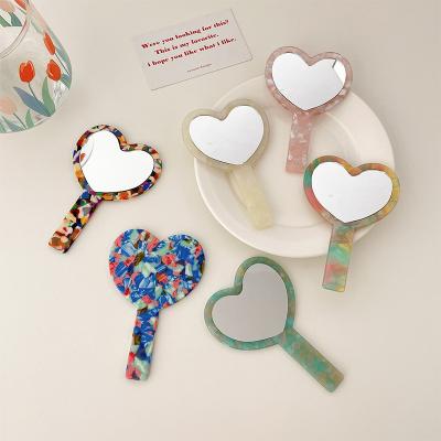 China New Personalized Women Girls Handle Acrylic Makeup Mirrors Cute Portable Love Heart Cellulose Retro Acetate Pocket Mirror Handheld Contract for sale