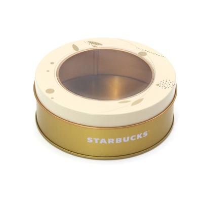 China Custom Food Gold Round Tin Cake Biscuit Tin Containers Gift Biscuit Cookie Tin Metal Packaging With PVC Window for sale