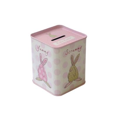 China Customized Printed Large Empty Square Piggy Bank Recyclable Cute Donation Box Charity Metal Coin Bank Canister for sale