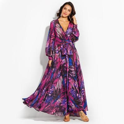 China 2023 New Arrival Anti-wrinkle Fashion Lantern Sleeve Loose Casual Elegant Flower V-Neck Long Dress V-Neck Leaf Swing Dresses Sexy Print Flower for sale