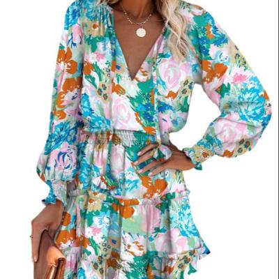 China Print Ropa Mujer De MiniFloral Floral Print Beach Ethnic V-Neckline Loose Elegant Summer Bohemian Dresses Anti-wrinkle Long for sale