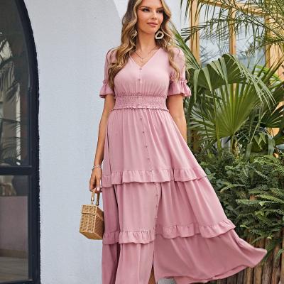 China Anti-wrinkle Summer Casual Ball Gown Women's Long Flowing V-Neck Bohemian Style Short Sleeved Maxi Dress for sale