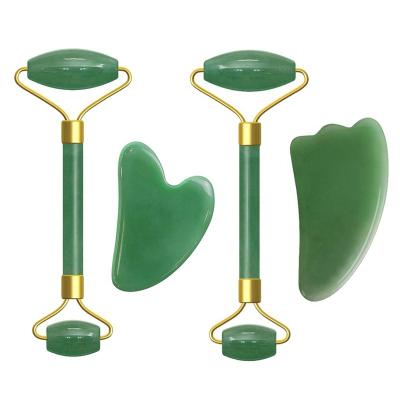 China Whitening Massager Anti Aging Crystal Stone Jade Face Roller Aventurine Jade Roller Gua Sha Face Massage Roller Stone Nephritis Set for sale