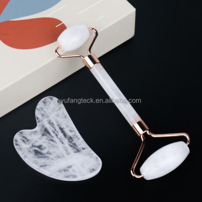 China Whitening Facial Roller White Jade Roller Gua Sha Set Facial Massager Crystal Roller For Face Face Lift Spa Clear Anti Aging Tool for sale