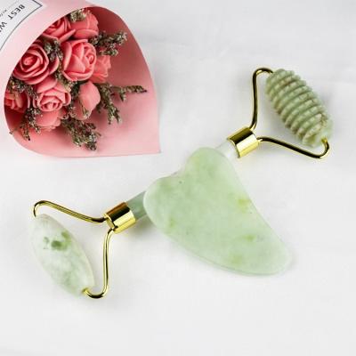 China Whitening Rose Quartz Roller Green Jade Premium Anti Aging Face Jade Roller Gua Sha Tool Gua Sha Roller and Massager Set for sale