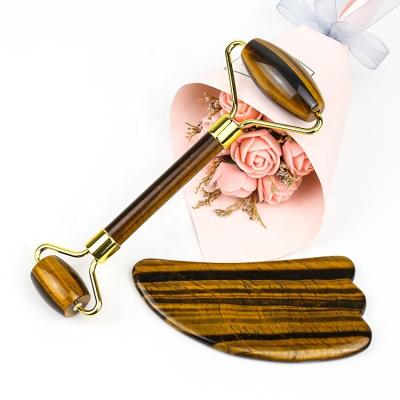 China Whitening Logo Tiger Eye Stone Price Custom Facial Jade Roller Gua Sha Set Massage Face And Eye Anti Aging Rose Tiger Eye Jade Roller For for sale