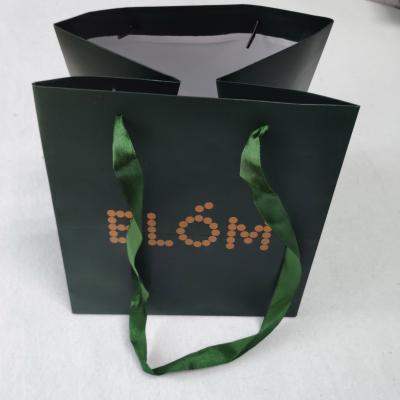 China Large Size Green Recyclable Luxury Paper Gift Packaging Bag With Logo With Ribbon Handle for sale