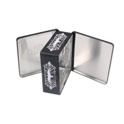 China Recycled Materials Rectangular Metal Two Side Open Tin Box With Hinge / Embossed for sale