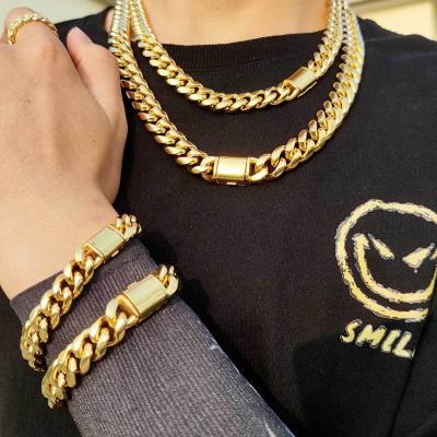 China Fashion 6 8 10 12 14MM 18K Gold Plated Stainless Steel Long Hip Hop Miami Cuban Chain Necklace For Men for sale