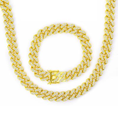 China Fashion Custom Men's 12MM Width Real Gold Plated Miami Cuban Chain Hip Hop Link Iced Out Necklace With Full CZ Diamond for sale