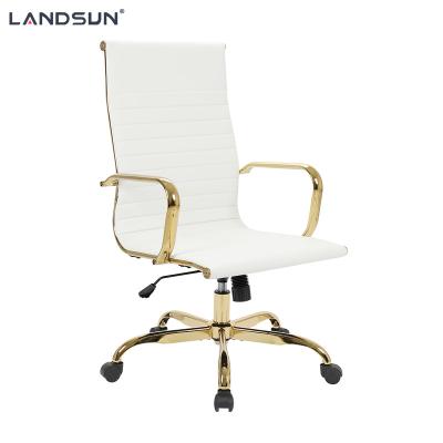 China (Height)Adjustable White PU Leather Executive Chair Furniture Metal Frame Swivel Office Gold Chromed Chair for sale