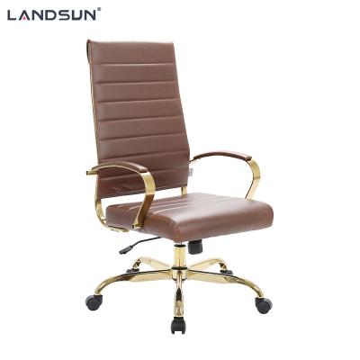 China Adjustable Gold Metal Frame Swivel Office Chair (Height) Brown PU Leather Executive Chair Furniture Chromed for sale