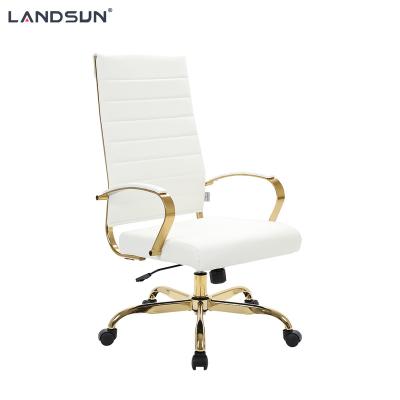 China (Height)Adjustable White PU Leather Executive Chair Furniture Metal Frame Swivel Office Gold Chromed Chair for sale