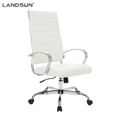 China (Height)Adjustable White PU Leather Executive Chair Metal Frame Furniture Chromed Swivel Office Chair for sale