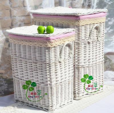 China Sustainable 2pcs set white willow laundry basket for bathroom and large storage wicker basket for hotel for sale