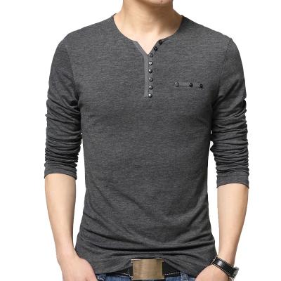 China Men's Henry Collar Solid Color Slim Anti-Wrinkle T-shirt Casual Fitted Long Sleeve T-shirt Cotton for sale