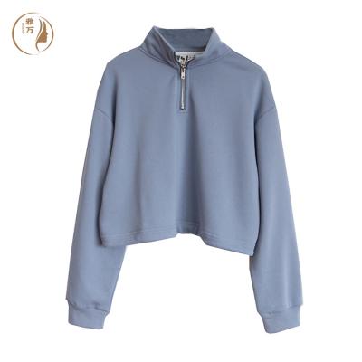 China QUICK DRY Custom Crop Front Half Zip Long Sleeve Crop Top Gray Rib High Neck Hoodie For Women for sale