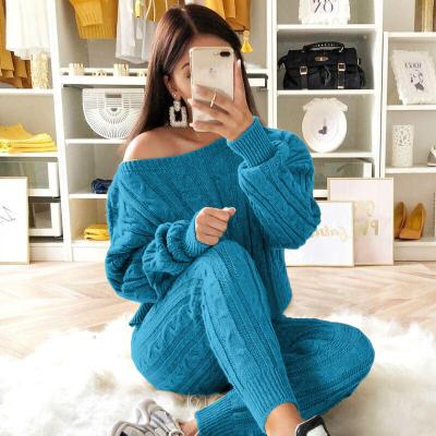 China Anti-pilling Autumn Women 2 pieces set tracksuit sweater outfit ladies O neck pullover pants suit top knitted sweater set women for sale